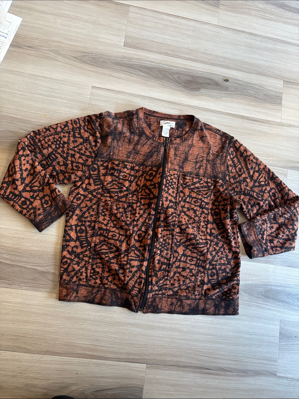 Chico's Orange and Black Patterned Zip-Front Bomber Jacket